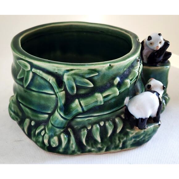 VINTAGE PLANTER-Pottery-Green Bamboo-Panda Bears-Plant Holder-Mid-Century Modern - Picture 4 of 14